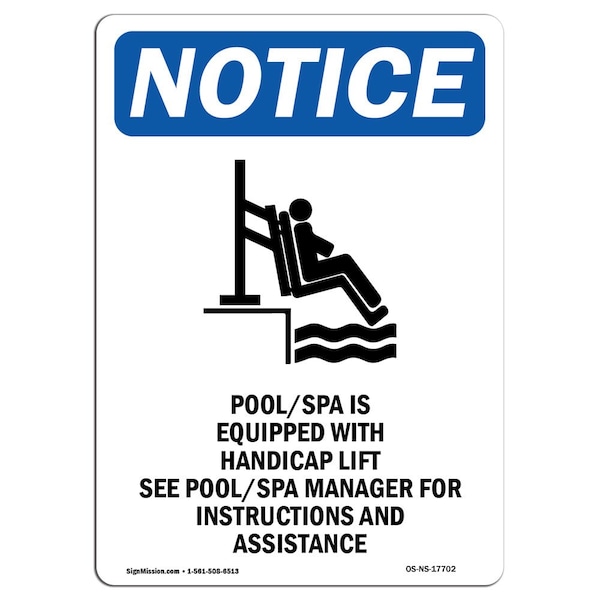 Safety Sign, OSHA Notice, 5" Height, Pool Spa Is Equipped Sign With Symbol, Portrait, 10PK